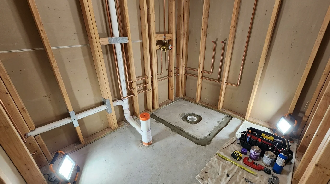 Bathroom rough-in plumbing during remodel by Johns Plumbing LLC in Wapakoneta