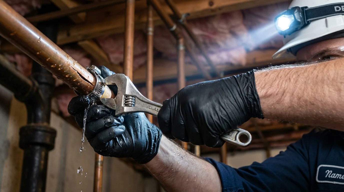 Emergency pipe clamp repair being performed by a Johns Plumbing LLC plumber in Wapakoneta