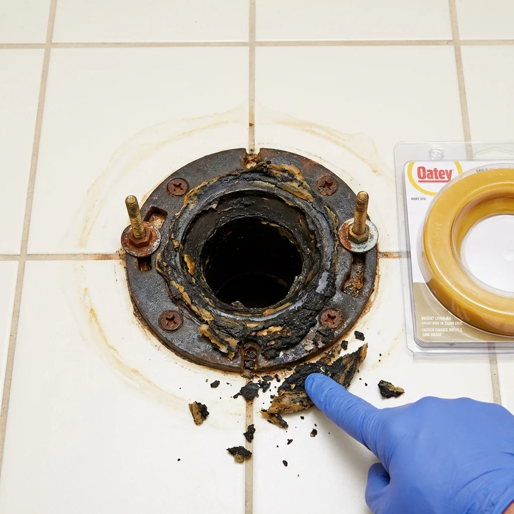 Failed wax ring showing water seepage at the base of a toilet in a Wapakoneta, OH home