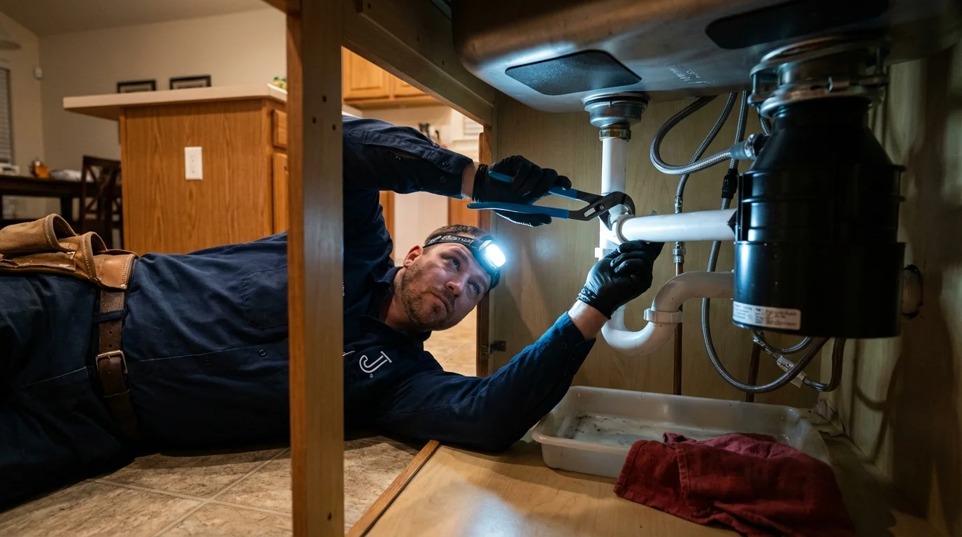 P-trap and supply line connections under a kitchen sink showing a common leak point in Wapakoneta, OH